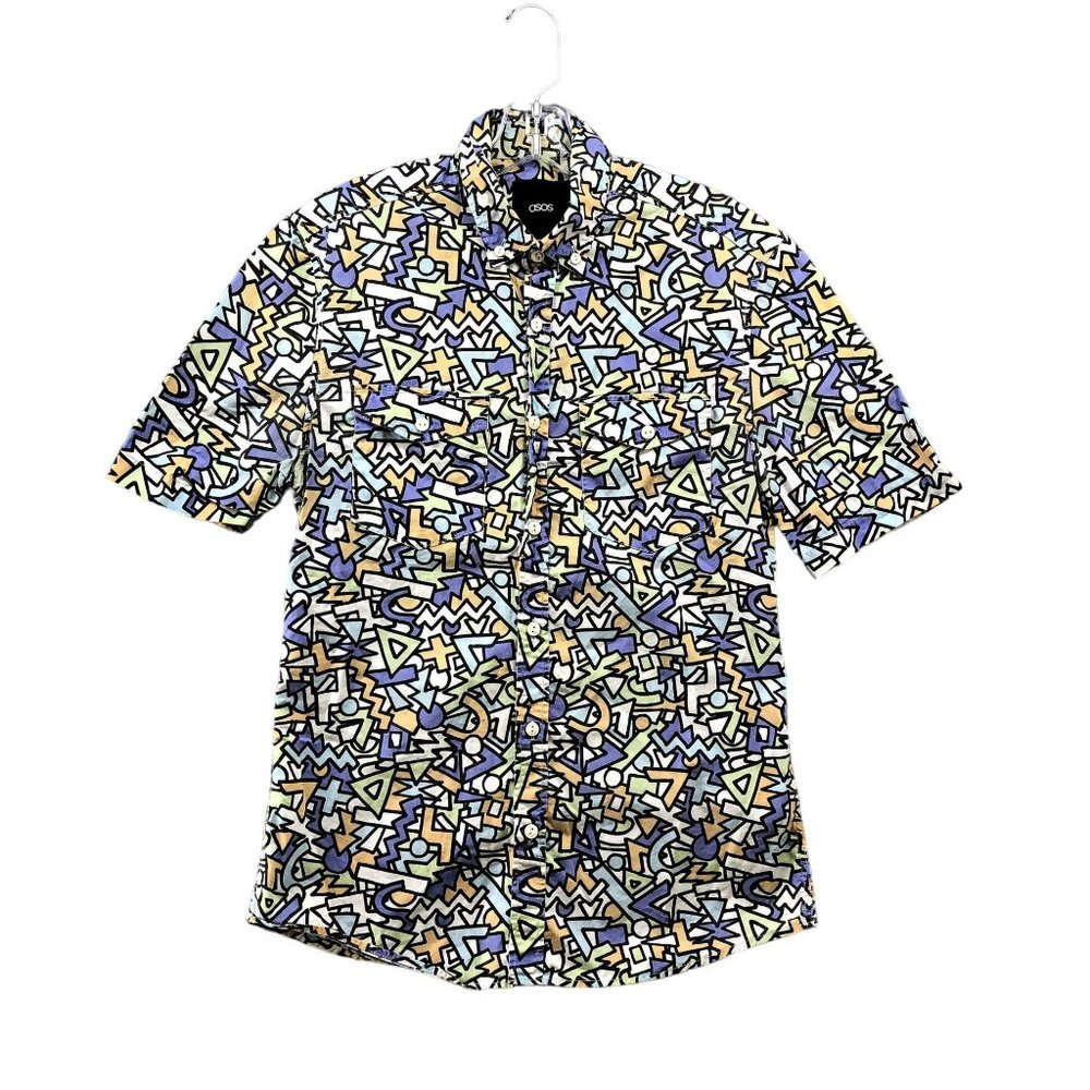 ASOS‎ Button Down Shirt Mens Small S Short Sleeve Retro Wacky Mixed Print